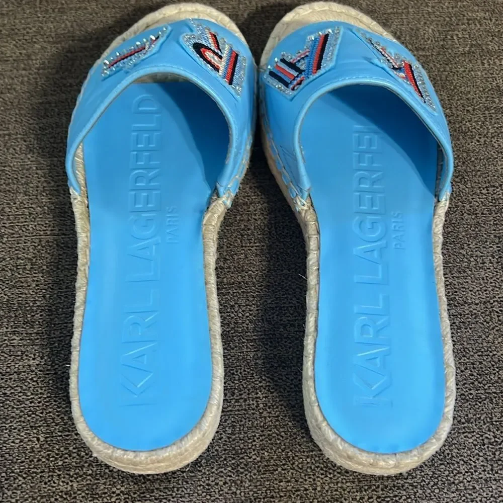 New Karl Lagerfeld Paris Caine Espadrille Slide Sandals Sz 36EU 6 US Baltic Blue